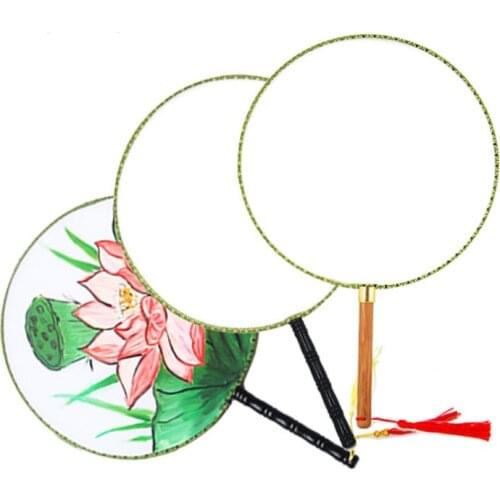 24cm DIY Blank White Silk Hand Fans Student Children Hands Painting Fine Art Programs Chinese Palace Round Fan SN1006