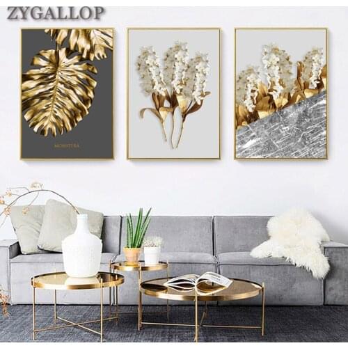 Nordic Abstract Golden Leaf Flower Canvas Painting Modern Home Decor Poster Luxury Style Wall Art Living Room Decoration Picture