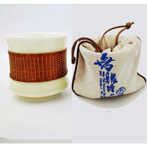 Handmade bamboo woven ceramic two cups tea set
