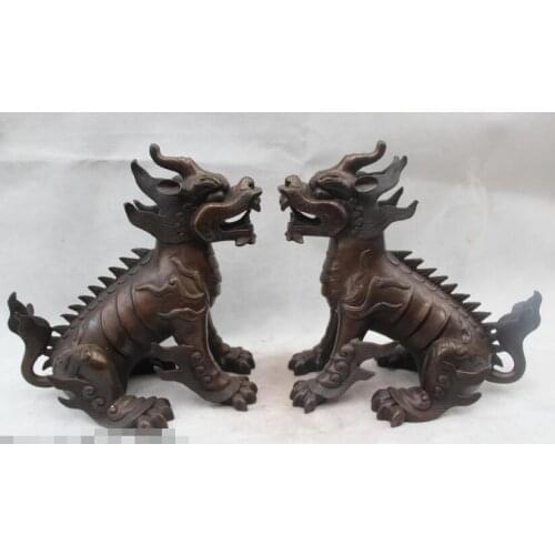 Free shipping S03189 9"Lucky Chinese Bronze Fly Dragon unicorn Kylin Chi-lin Qilin Statue Pair