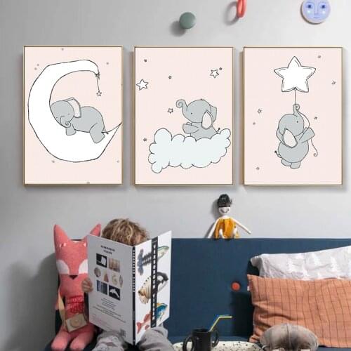 Baby Cute Elephant Moon Star Cloud Wall Art Canvas Painting Nordic Posters And Prints Cartoon Wall Pictures For Kids Room Decor