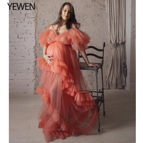 Elegant Ruffles Maternity Photography Dress Long Maxi Gowns for Pregnant Women Clothes Pregnancy Dress for Baby Shower YEWEN