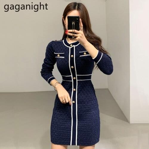 Gaganight Spring Autumn Women Knitted Dress Single Breasted Argyle Lady Slim Bodycon Party Dresses Long Sleeve Mini Club Dress