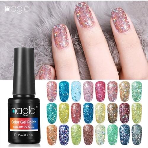 Inagla Bling 108 Colors Glitter 15ml Nail Gel Polish LED & UV Gel Varnish Nail Art Soak Off Base Top Coat Semi Permanent Gellak