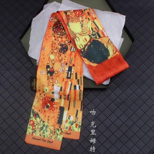 Gustav Klimt《The Kiss》Oil Painting Twill Silk Scarf Women Neckerchief Skinny Bag Scarf Female Headband Scarves Wraps For Ladies