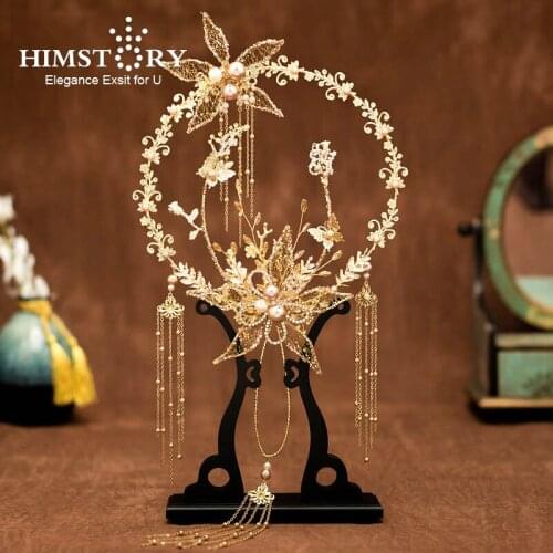 HIMSTORY Ancient Chinese Bridal Fan Bouquet Handmade 3D Flowers Hollow Out Metal Fans Hanfu Costume Wedding Jewelry Accessories