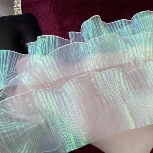 15cm 1meters/lot shiny magic color gradient organza lace trims pleated dress decoration material X943