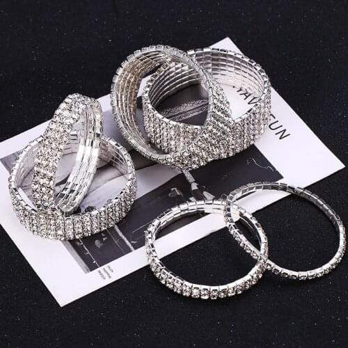 1-8 Rows Fashion Crystal Bracelet Rhinestone Elastic Bracelet Golden Bracelet Transparent Wristband Lady Bride Wedding Jewelry