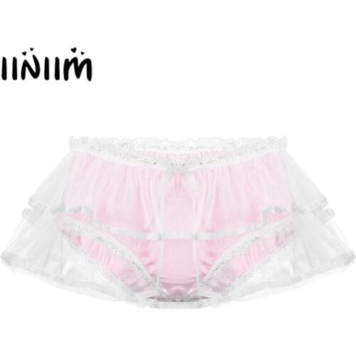 Iiniim Mens Sissy Panties Smooth Satin Lingerie with Double Mesh Layers Lace Trim Gay Pouch Jockstraps Underwear Underpants