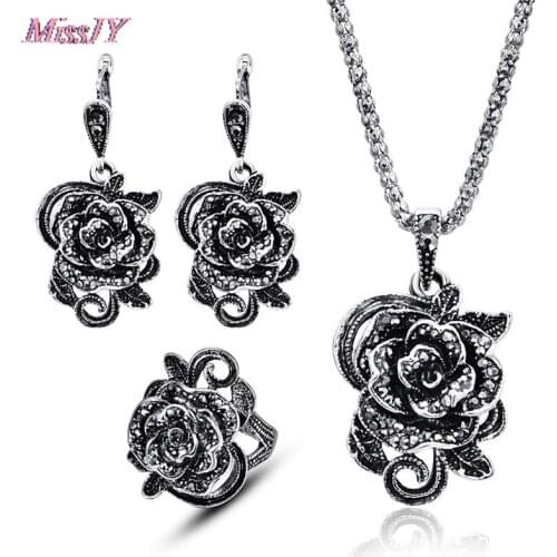 3Pcs Vintage Silver Color Fashion Black Crystal Rose Flower Jewelry Sets For Women Wedding Party Gift