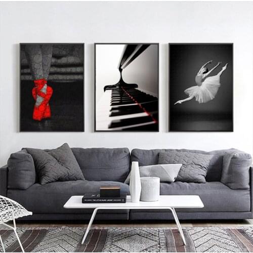 Black White Girl Ballerina Posters Print Ballet Dancer Piano Red Ballet Shoes Canvas Painting Wall Art Picture For living Room