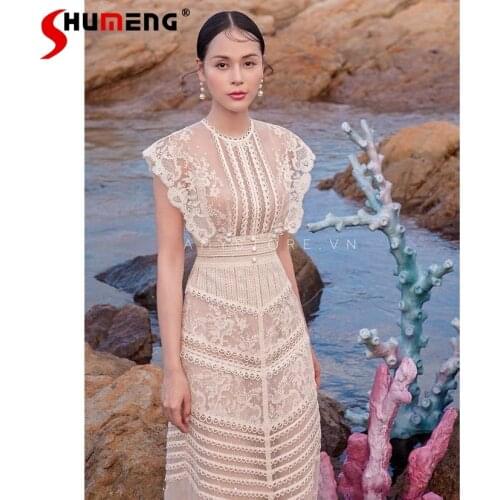 2021 Summer New Woman Leisure Lace Short Sleeve Midi Dresses for Women Retro Sexy O Neck High Waisted Dress Women Clothes