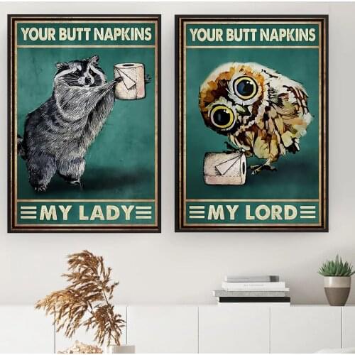 Mental Funny Racoon Cat Owl Paper Canvas Picture Bathroom Poster and Print Wall Decoration Vintage Wall Art Home Painting Decor