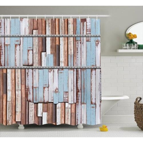Rustic Decor Shower Curtain Long Wooden Planks Tree Designs on with Rusty Metal Screws Artwork Fabric Bathroom Decor with Hooks