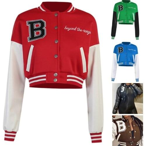 2021 New Women Faux Leather Long Sleeve Baseball Jacket Letter Print Oversize Bomber Coat