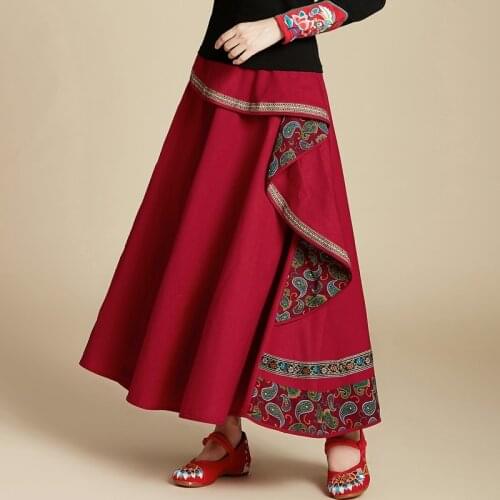 Women Ethnic Style Skirt Female Autumn Winter Vintage Hippie Original Boho Long Black Red Patchwork Embroidery Midi Skirt 11743