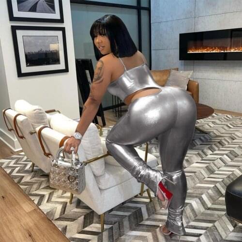 Light Pu Spaghetti Strap Jumpsuit Woman Sleeveless Hollow Out Stracked Legs Bodycon Night Club Party 2021 Female Clothes