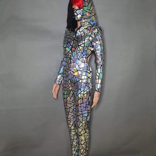 Silver Laser Mirrors Hooded Jumpsuit Overalls Hip Hop Jazz Dance Performance Clothes For Women Sexy Nightclub Bar Stage Costume