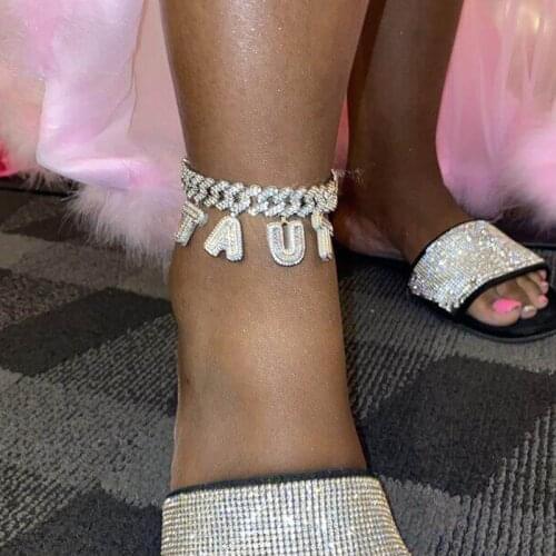 12mm Bagnette Rhinestone Miami Cuban Link Necklace Gold Silver Color Luxury Ankle Micro Paved CZ Letter DIY Bracelet Women Men