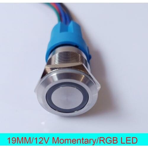 19mm Stainless Steel Momentary 12V Ring RGB Three LED Illuminated Hotel Door Metal Push Button Switch with 15cm wire connector