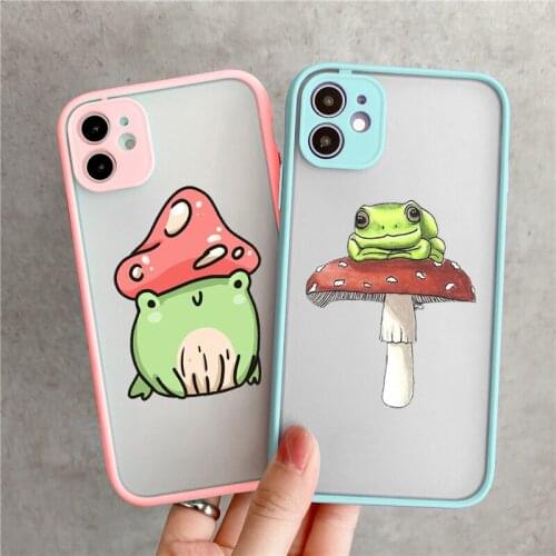 Cartoon Mushroom Frog Phone Case For iPhone XR 11 12 Pro MAX XS SE2020 X 7 8 6Plus Funny Mint Green Clear Hard Matte Cover Shell