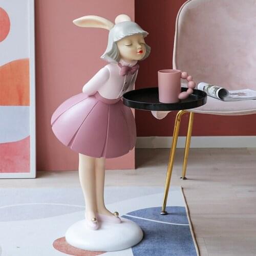 Home Decor Creative Rabbit Girl Tray ResinStatue Decorative Figures Large Welcome Living Room Floor Decoration Housewarming Gift