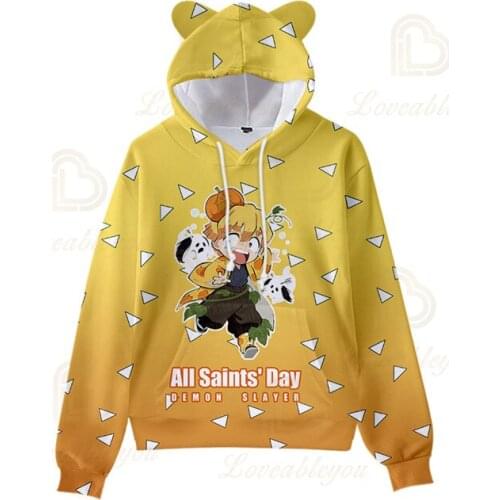 Demon Slayer Agatsuma Zenitsu Sweatshirt Men Hooded Cosplay Cat Ears Children Hoodie Autumn Sweatshirt Costume