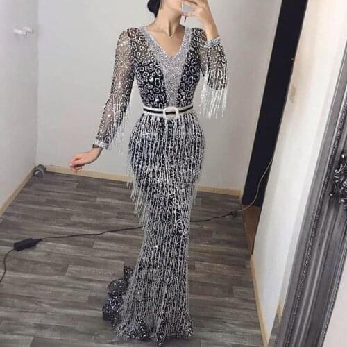 40# Elegant Dresses For Women Sequin party Dress New Dress Ladies Maxi Long Sleeve Sequined Fringed Party Dress Женское Платье