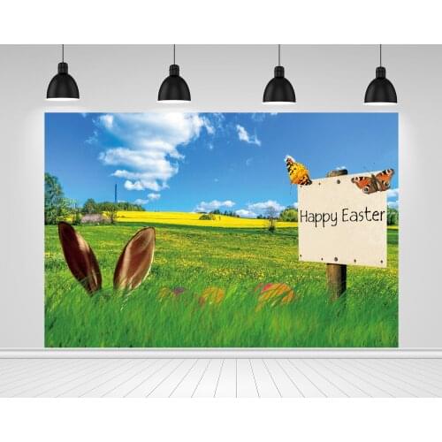 Scopiso Photography Backdrop Blue Sky, Cloudy Green Grass, Rabbit, Happy Easter Festival, Scenic Outdoor Background Studio Prop
