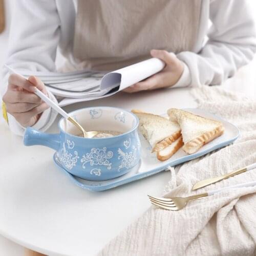 Japanese-style Hand-painted Ceramic Breakfast Plate And Bowl With Handle Porcelain Rice Big Bowl Soup For Kids Fast Food Tray