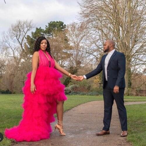 Classic Casual Rose Red Women Dress Halter Tulle Ruffle Layered High Low Evening Dress Photography Party Dress Custom Made