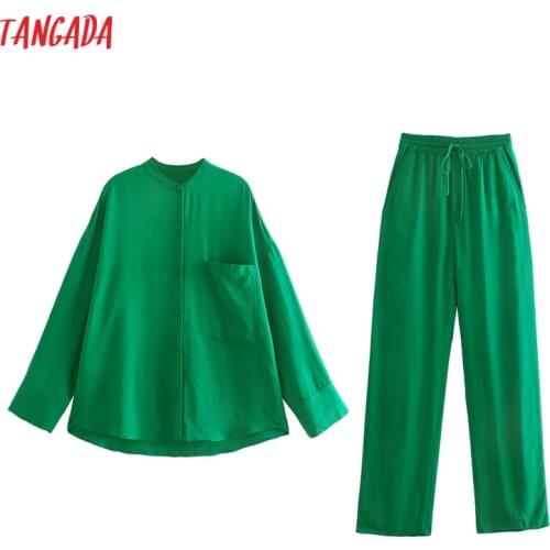 Tangada 2021 Women Green Shirt Set Tracksuit Sets Oversized Shirt Pants Suit 2 Pieces Sets Blouse Pants Suits 5Z246