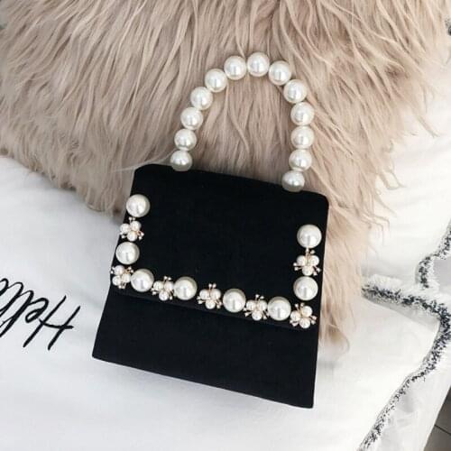 Mini Velvet Womens Cute Flap Handbag Vintage Ladies Pearls Diamonds Beading Chain Sling Shoulder Bag Small Party Crossbody Bags