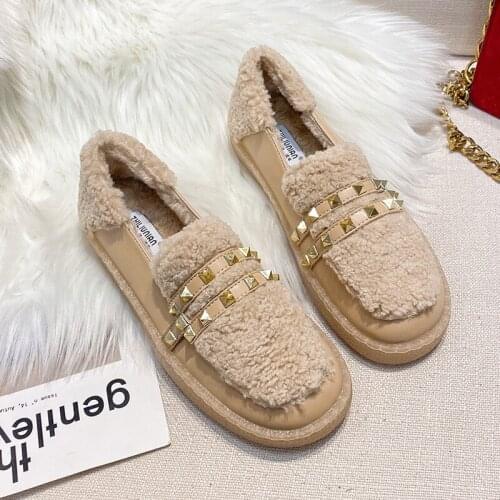 Big Size 34-43 woolen fur flats woman muffins metal studs fleeces moccasins winter plush shoes women thick soled cotton loafers