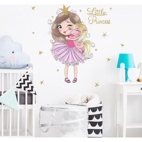 Cartoon Little Princess And Unicorn Wall Stickers Vinyl Decorative Wall Decals Baby Girl Bedroom Decoration Nursery mural Poster
