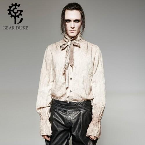 Steampunk Mens Tie Shirts Gothic Retro Causal Stand-Up Collar Shirts Vintage Painting Breathable Linen Shabby Fold Shirt