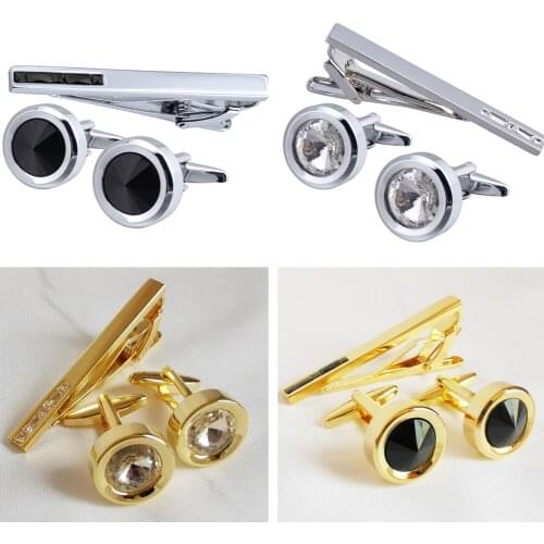 5sets/lot Elegant Big Zircon Cufflinks+Tie Clip Set Black/White Crystal Tie Clip Pin&Cuff Link Set Mens Jewelry Accessory
