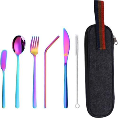 8Pcs/set Tableware Reusable Travel Cutlery Set Camp Utensils Set with stainless steel Spoon Fork Chopsticks Straw Portable case
