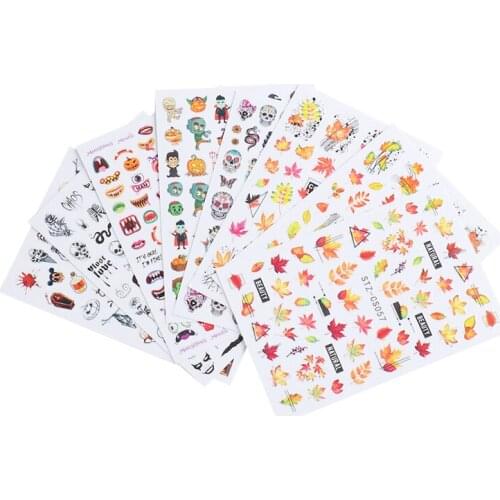 Halloween Nail Stickers Skull Head Autumn Maple Leaf Pumpkin Ghost Festival Horror Stickers For Nails Cool Words Nail Art