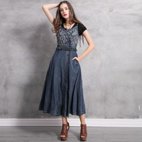 Brand new dress 2020 summer long posed dress 82129 embroidery denim retro condole belt