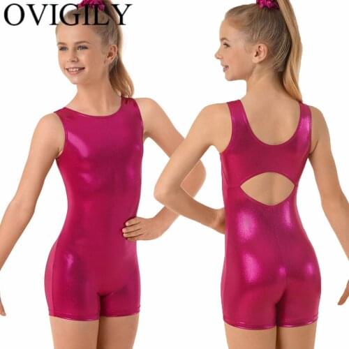 OVIGILY Girls Metallic Tank Biketard Keyhole Back Fuchsia Shiny Sleeveless Leotard Shorty Unitard Dancewear for Kids