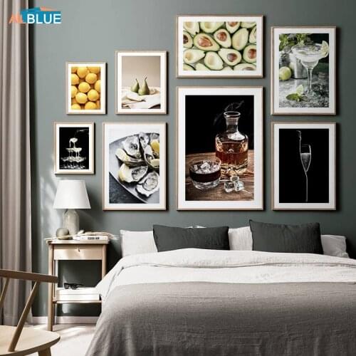 Whiskey Champagne Poster Print Food Fruits Avocado Lemon Canvas Paintings Nordic Art Wall Decorative Pictures Home Decor Kitchen