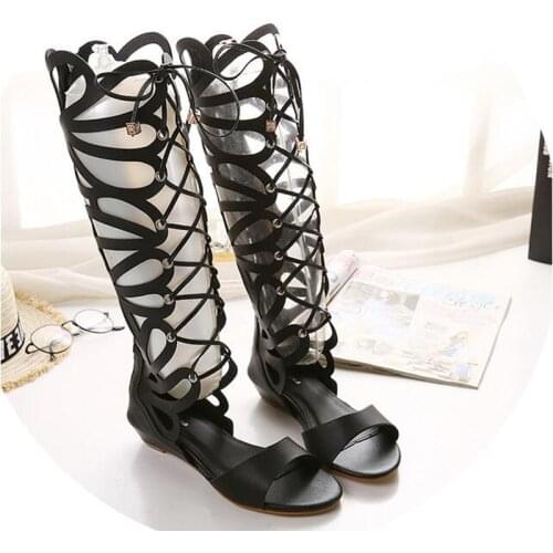 Summer Roman Sandals Multiple Cross-Strap Tall Knee High Bondage Thong Nubuck Women Sandals Flip Flops Flat Sandals Size 35-40