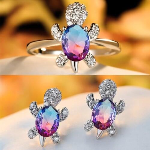 Blue Purple Oval Zircon Turtle Stud Earrings and Rings For Women Wedding Bridal Jewelry Sets Multicolor Stone Jewelry Animal Set