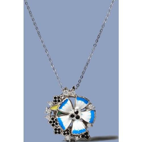 Vintage Bohemian Pendant Necklace Women Handmade Enamel Blue Flower Petal Leaf Dangle Earrings Wedding Party Jewelry