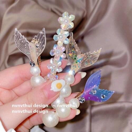 New Korean Mermaid Fishtail Hair Clips Crystal Pearl Barrettes Hollow Geometric Colorful Sequin Sweet Side Clip Hair Accessories