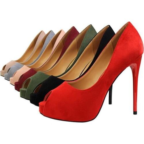2020 Women Pumps Fashion Flock Leather Wedding Shoes Sexy Peep Toe Platform High Heels Spring Summer Shoes Woman Red Heels Sole