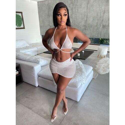 Wsevypo Sexy Beads Lace Skirts Suits Women Two Pieces Summer Party Club Halter Cross Tied Bra+Mini Ruched Bodycon Skirts