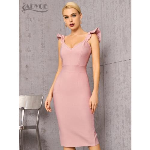 Adyce V Neck Pink Bodycon Bandage Dress For Women 2021 Summer Sexy Ruffles Sleeveless Midi Celebrity Evening Runway Club Dresses