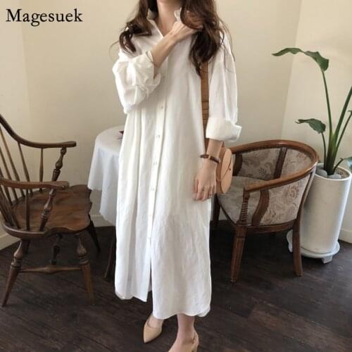 Casual Long Shirt Dress Summer 2021 Office Ladies Plus Size Long Dresses Woman Button Cotton Wihte Dress Women Robe Femme 9649